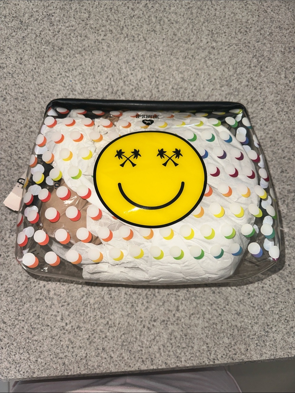 NWT PINK Victoria’s Secret clear multi colored Dot Smiley Face Cosmetic bag